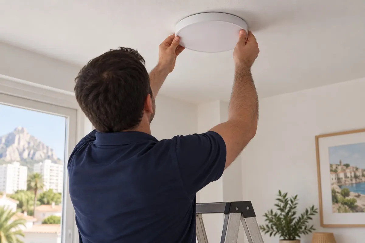 Technician fitting a ceiling LED light